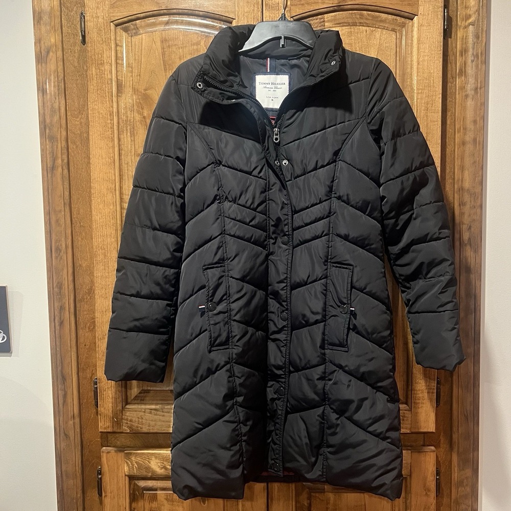 TOMMY HILFIGER Women's Puffer Lined‎ Coat XS Extra Small Black NO HOOD EUC